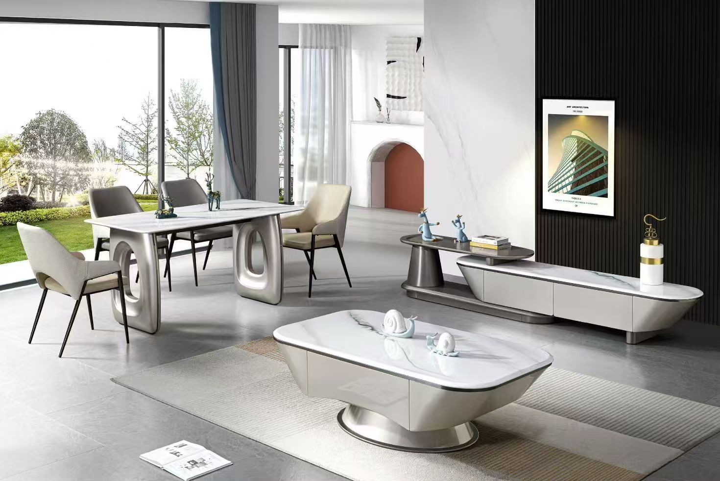 A017-銀翼系列|茶几|電視櫃|餐桌|餐椅|皇品傢俱工作坊